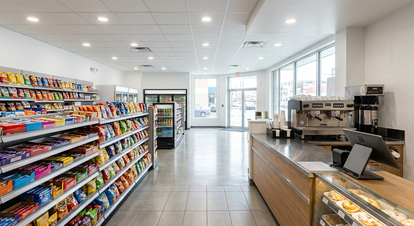 Convenience store interior with a coffee machine on the counter and snack shelves