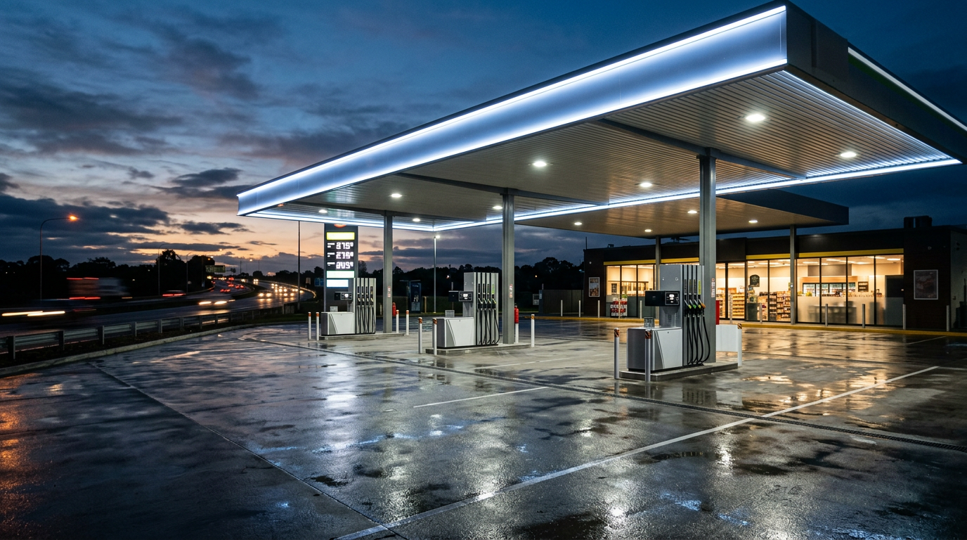 Covered petrol station forecourt with fuel pumps lit at dusk beside a highway